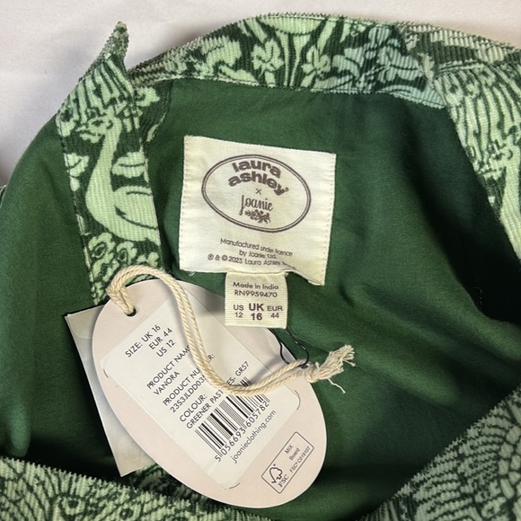 Laura Ashley x Joanie Vanora Peacock Damask Corduroy Midi Dress Green Size 12 - Picture 7 of 7